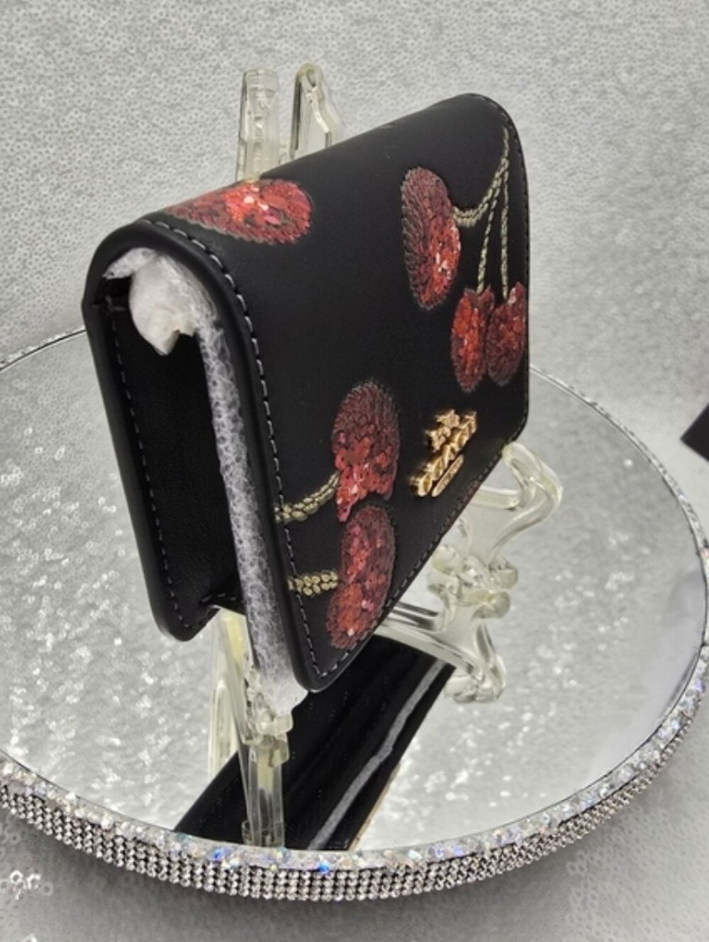 Coach Mini Wallat On A Chain Sequined Cherry Print Black Leather Crossbody - Picture 6 of 14